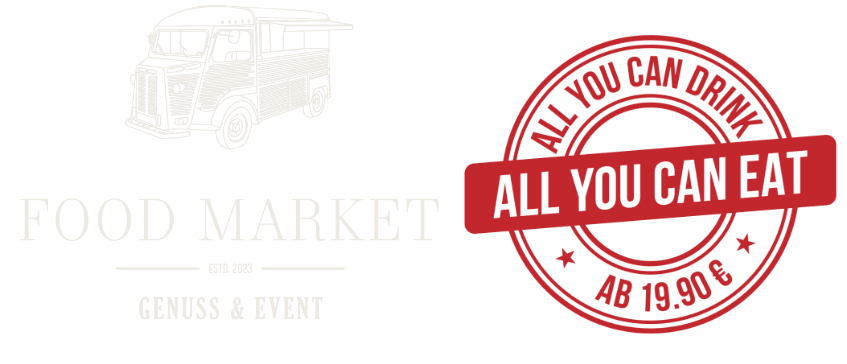 A red circular stamp reads ALL YOU CAN DRINK, ALL YOU CAN EAT, AB 19.90 € over a light gray food truck and the faded text FOOD MARKET GENUSS & EVENT.